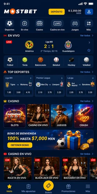 Pantalla principal de la app de Mostbet con apuestas y casino