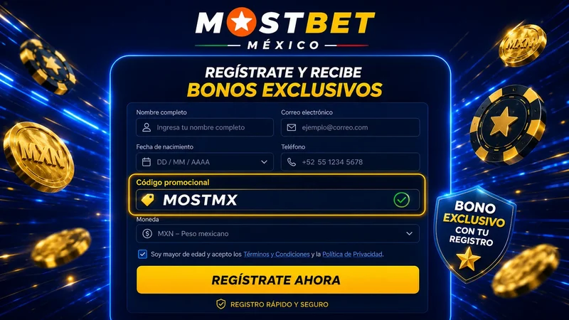 Campo de código promocional MOSTMX en el registro de Mostbet